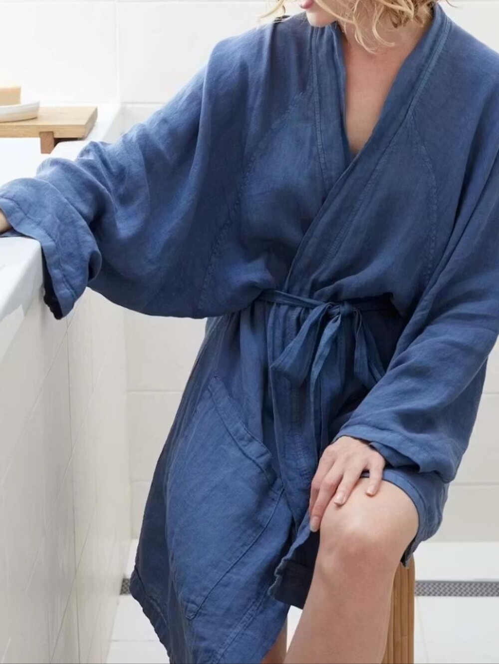 Brooklinen Slate Blue Linen Robe with Brand Tag
